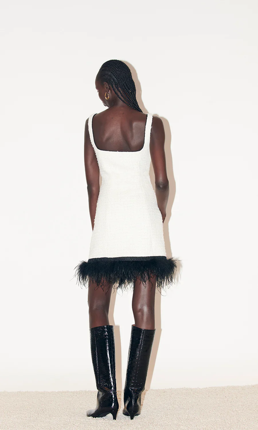 Velma Tweed & Feather Mini Dress - Ivory & Black - Fundcutody