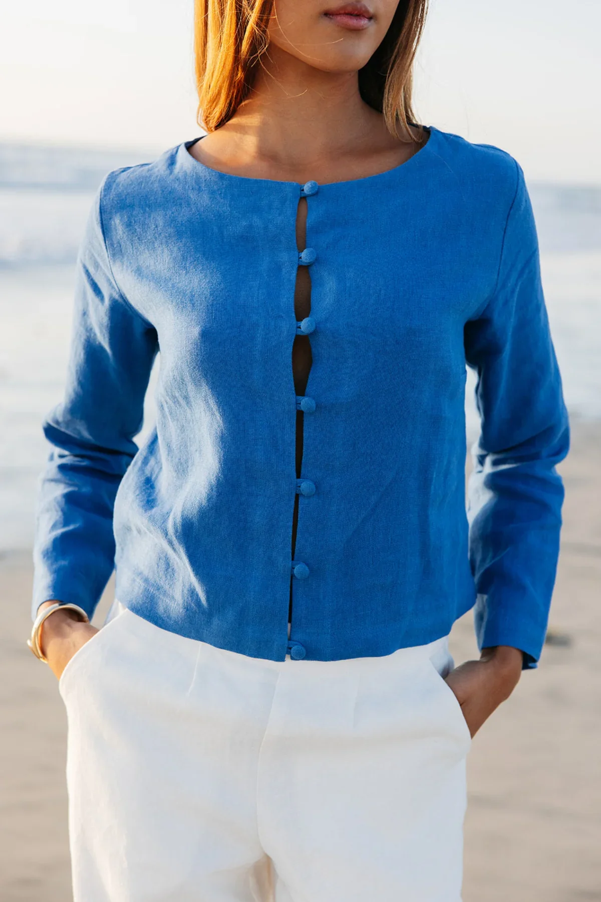 Bessette Linen Button Cardigan - Blue - Fundcutody